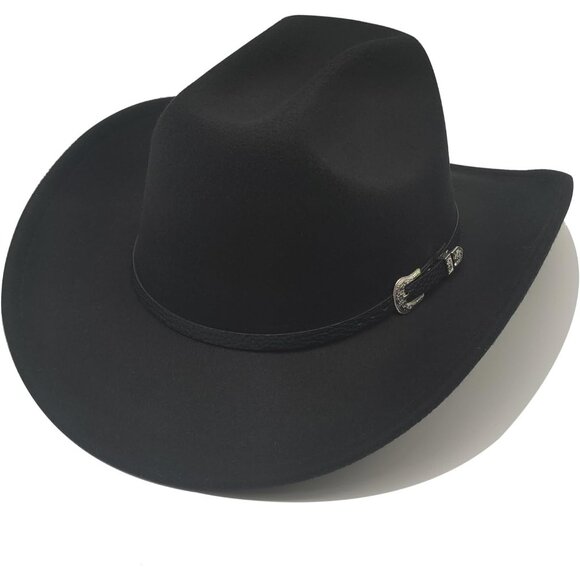 Accessories - Unisex Black Western with Leather Buckle Band Classic Fedora Cowboy Felt Hat
